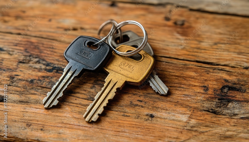 Three keys on a rustic wooden surface. Ideal for concepts of security, home, and access. Three keys on a rustic wooden surface. Ideal for concepts of security, home, and access.