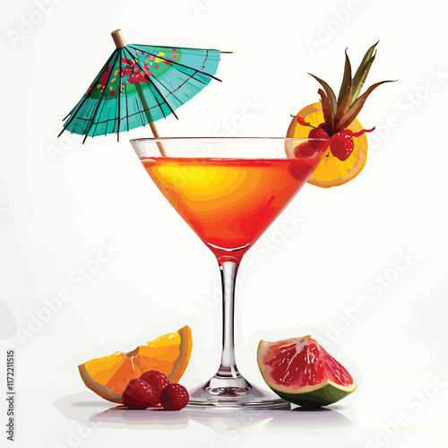 a cocktail glass with a cocktail and a fruit garn