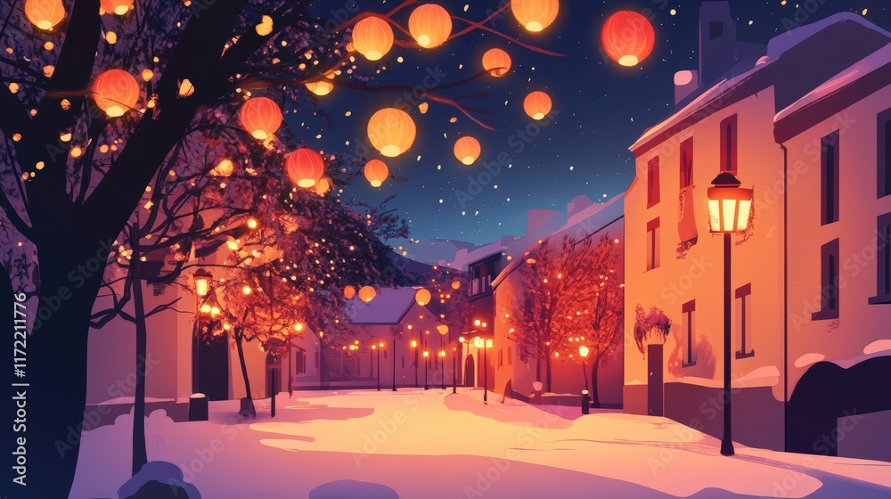 Fototapeta premium Festive Winter Night Street Scene with Lanterns