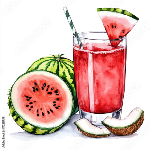A watercolor vector painting of a Coconut Watermelon Juice, isolated on a white background. Coconut Watermelon Juice vector.

