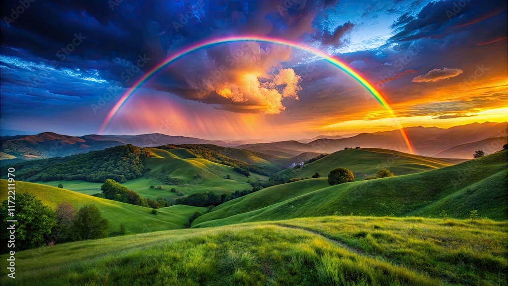 Low light paints a vibrant rainbow across a shadowy hillside, a captivating dark sky nature scene. Low light paints a vibrant rainbow across a shadowy hillside, a captivating dark sky nature scene.