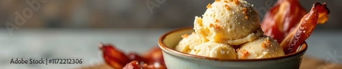 Bowl of maple bacon ice cream with a sprinkle of sea salt and a side of crispy bacon, dessert, bacon