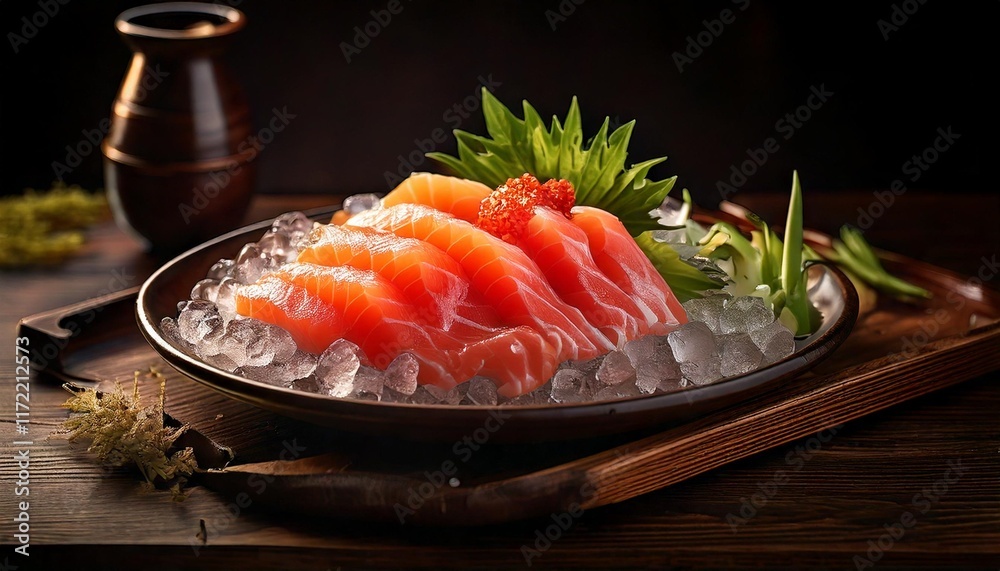 sashimi slice on plate with ice with simple decoration and wood table sashimi slice on plate with ice with simple decoration and wood table