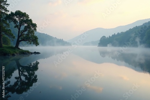Calm and peaceful morning scene over a misty lake, peaceful, reflection, water