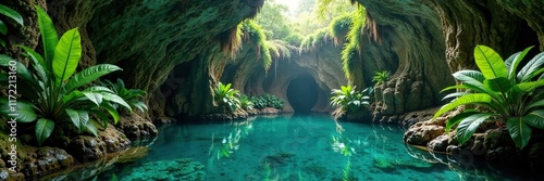 Cenote walls adorned with lush tropical foliage, plant life, jungle photo