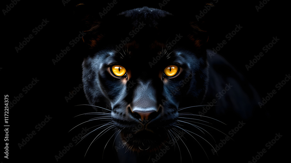 Obraz premium Majestic black panther with piercing amber eyes against a dark background