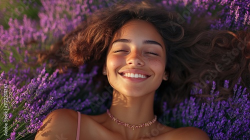 A young woman spinning in circles in a lavender field, carefree and joyful