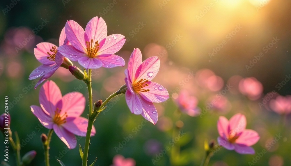 Obraz premium Dew-kissed flowers swaying gently in the morning breeze, gently, flowers