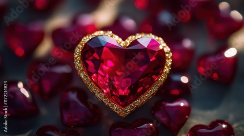 A stunning heart-shaped ruby glistens, embraced by a halo of radiant red diamonds, embodying love's passion and elegance this Valentine's Day.