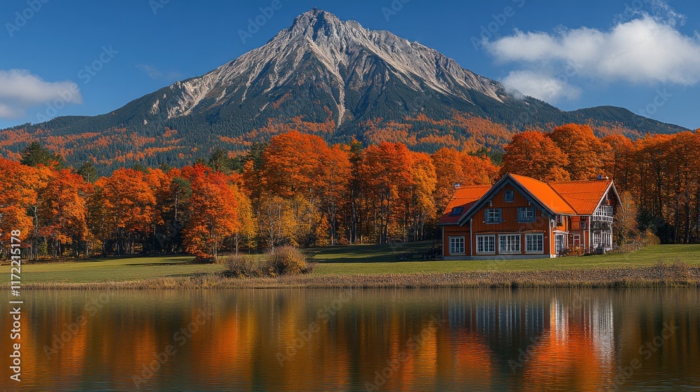Fototapeta premium Scenic Autumn Landscape with Vibrant Fall Foliage, Reflections in Calm Water, Majestic Mountain, and Cozy House Surrounded by Lush Nature