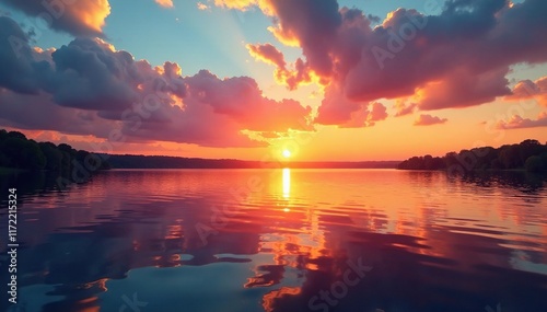 A breathtaking sunset over the tranquil waters of the lake creates a sense of awe, wilmington, calm, water