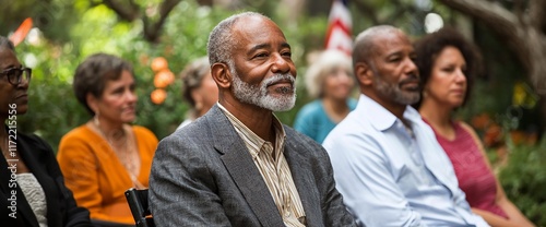 Attentive senior man listening intently at an outdoor event, surrounded by a diverse group of people.