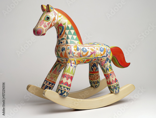 colorful rocking horse with cheerful patterns, perfect for children playtime. Its vibrant design adds playful touch to any room, inspiring joy and imagination photo