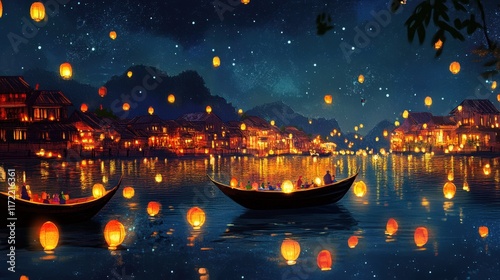 Nighttime River Scene Illuminated By Floating Lanterns