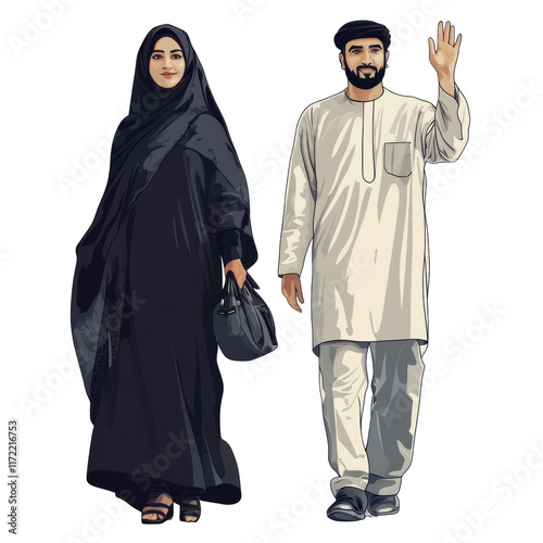 Friendly Wave: Man and Woman in Traditional Attire Muslim. isolated transparent background photo