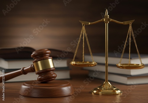 Scales of justice, wooden gavel, law books, legal symbolism, balance, justice concept, courtroom photo