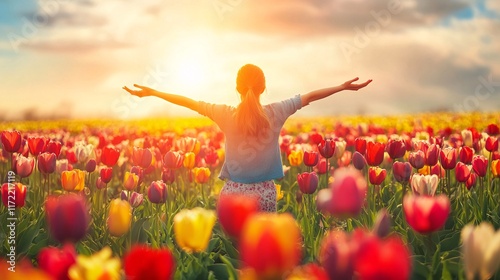 A person spinning happily in a colorful field of tulips
