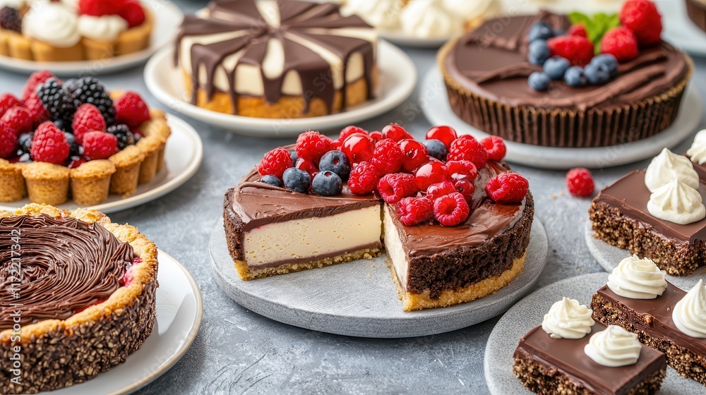 The ketogenic diet promotes a low-carb lifestyle. Delicious assortment of cakes and desserts with fresh berries. The ketogenic diet promotes a low-carb lifestyle. Delicious assortment of cakes and desserts with fresh berries.