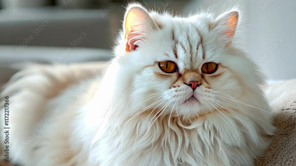 Fluffy white persian cat relaxing on a cozy couch in sunlit living room AI Fluffy white persian cat relaxing on a cozy couch in sunlit living room AI