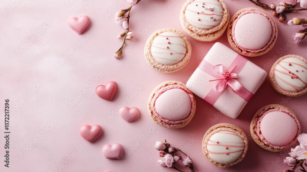 Fototapeta premium Delight in a whimsical array of small cookies, each adorned with charming pink decorations, resting on a soft pink surface, perfect for Valentine's Day treats.