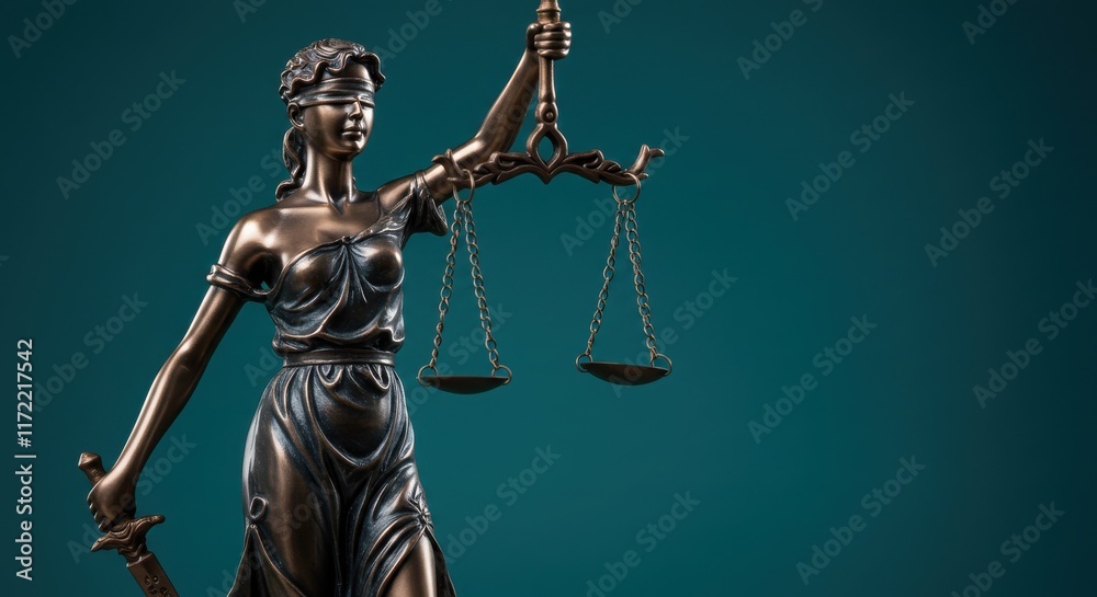 Bronze statue of Lady Justice, blindfolded goddess, holding scales, symbol of law and Bronze statue of Lady Justice, blindfolded goddess, holding scales, symbol of law and
