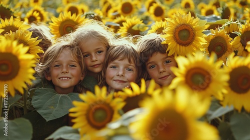 A group of kids playing hide-and-seek in a sunflower field