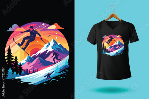Ski winter sport vintage typography t shirt design with glasses and skier silhouette