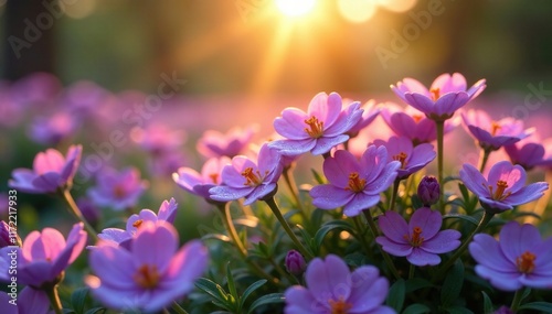 Fototapeta Naklejka Na Ścianę i Meble -  Softly falls the evening dew on Surfinia purple flowers, nature, flower field