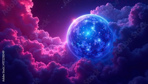 Blue glowing orb amidst swirling clouds of pink and purple gas, nebula, cosmic