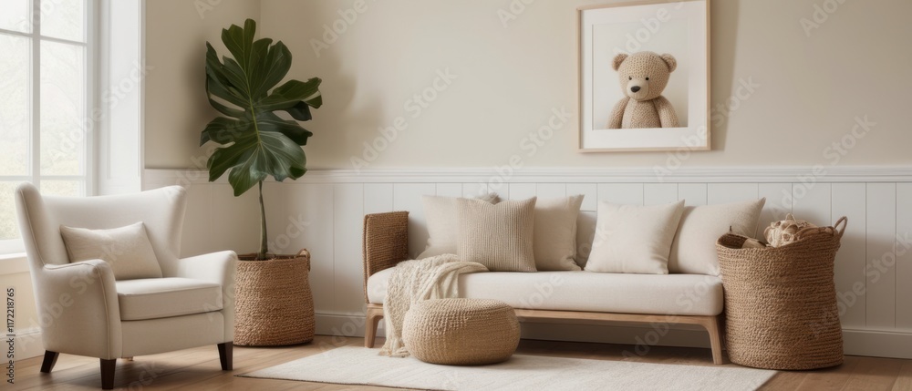 Fototapeta premium Modern living room with a cozy sofa and stylish furniture in a well-lit, luxurious apartment