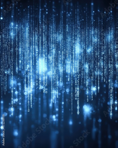 Wallpaper Mural Digital Rain with Blue Glowing Binary Codes and Light Particles Torontodigital.ca