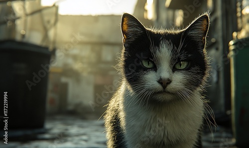 Street cat in urban setting, early morning light. Possible use Stock photo