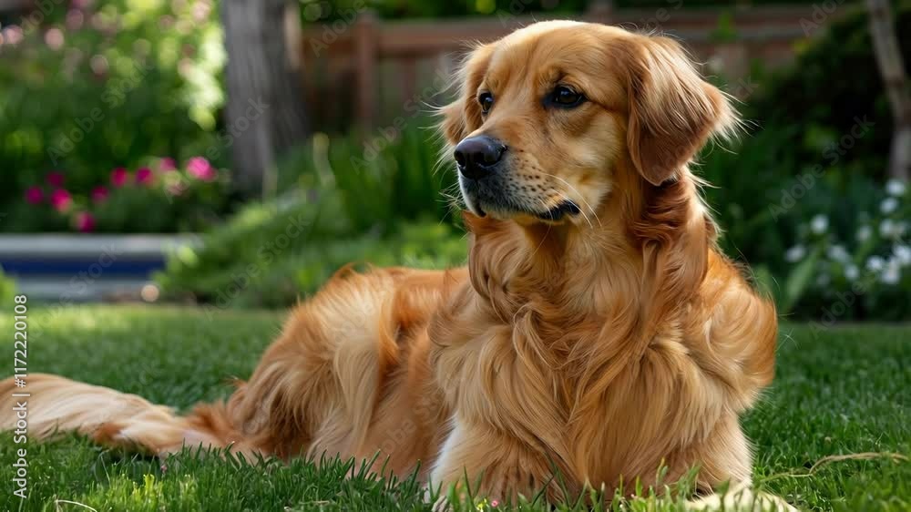 Relaxed golden retriever in a lush garden setting AI Relaxed golden retriever in a lush garden setting AI