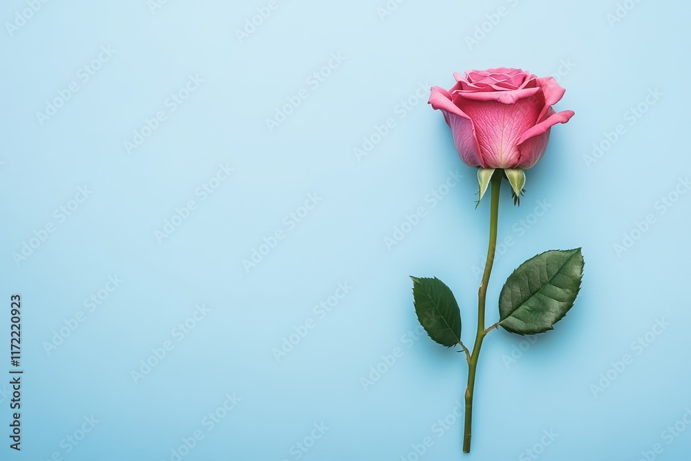 Obraz premium A delicate pink rose blooms against a serene blue backdrop, symbolizing love and romance, perfect for celebrating Valentine's Day.