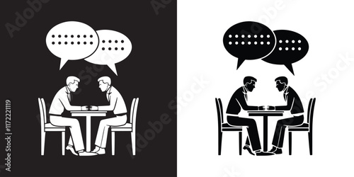 A Minimalist Illustration Of Two Individuals Engaged In Conversation At A Table Vector.