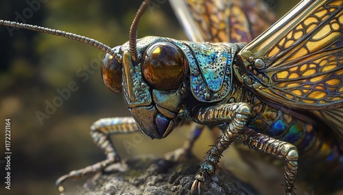 A close-up of an iridescent grasshopper with large, shiny eyes photo