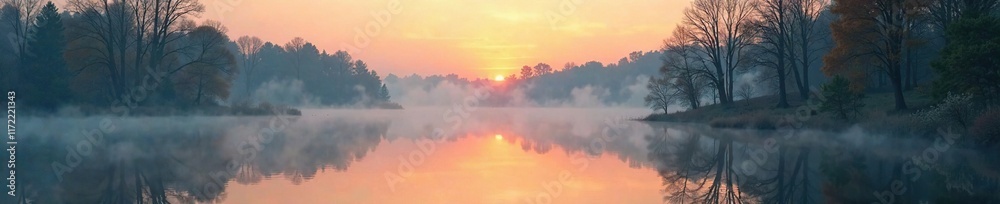Fototapeta premium Reflections of trees on calm water surface at dawn, misty, natural