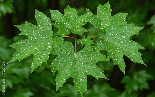 Dew-covered maple leaves after rain.