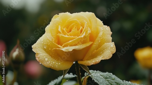 Yellow rose rain garden closeup floral bloom photo