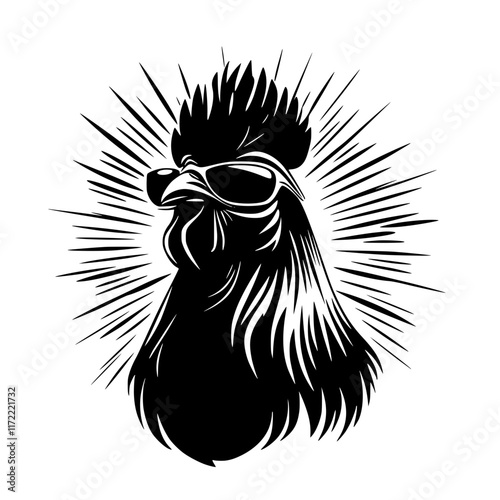 Stylized Rooster Head with Goggles Illustration, A bold vector illustration of a rooster head wearing goggles, featuring sharp lines and a modern, graphic art style.

 photo