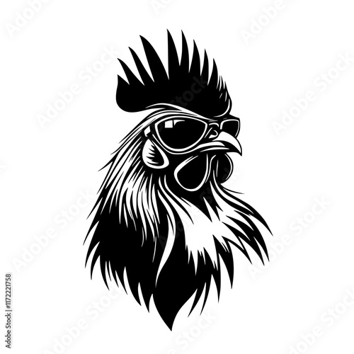 Stylized Rooster Head with Goggles Illustration, A bold vector illustration of a rooster head wearing goggles, featuring sharp lines and a modern, graphic art style.

