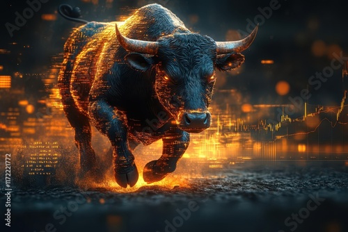 intense bull charging through a digital trading interface surrounded by dynamic graphs and numbers symbolizing fierce energy and market volatility dark dramatic lighting enhances the mood photo