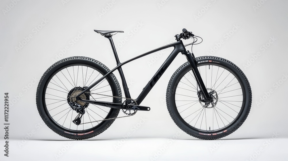 Fototapeta premium Stylish black mountain bike on a white background representing outdoor adventure and fitness lifestyle for biking enthusiasts.