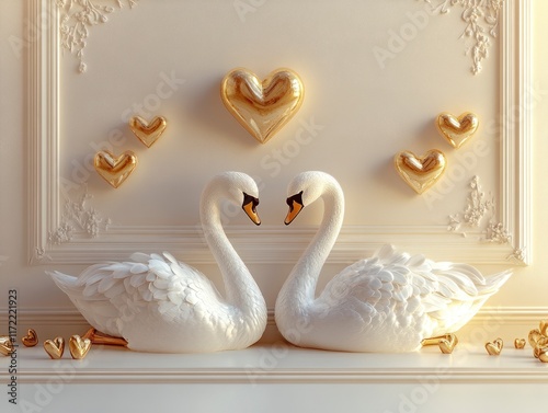 Elegant Luxury Corner Display Featuring Two Crystal-Like Swans Surrounded by Golden Heart Accents for Themed Decor photo