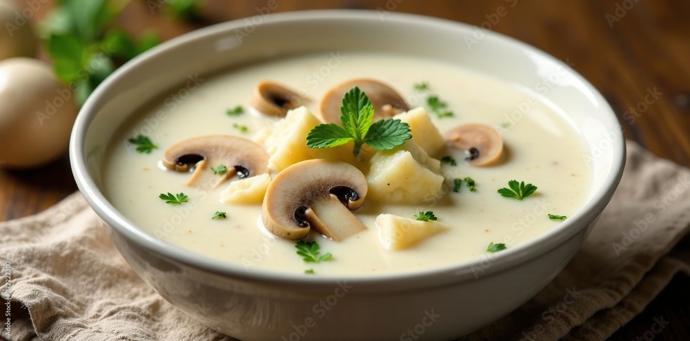 Silky white mushroom soup with tender chunks of mushrooms, white, silky, velvety Silky white mushroom soup with tender chunks of mushrooms, white, silky, velvety