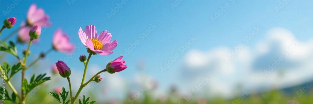 Wild Myosotis flowers against a clear blue sky, greenery, delicate Wild Myosotis flowers against a clear blue sky, greenery, delicate