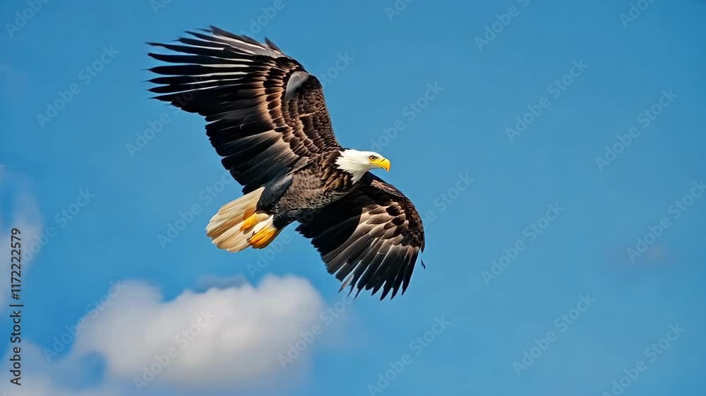 Bald eagle gliding with wings outstretched against a clear blue sky, capturing its powerful flight and detailed feather patterns. ai