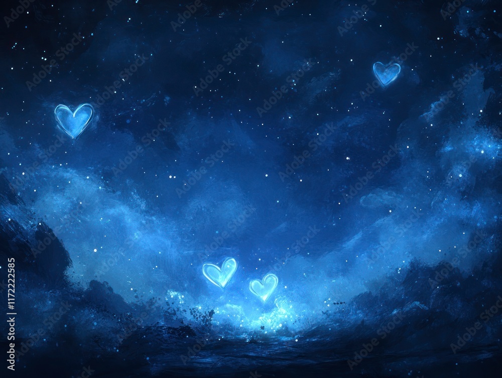 Fototapeta premium Dreamy Romantic Night Sky with Glowing Heart Shapes Understated in Serene Blue Atmosphere