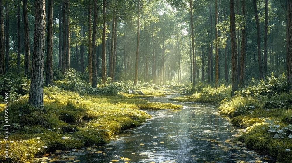 Fototapeta premium A serene forest scene with a gentle stream and dappled sunlight.
