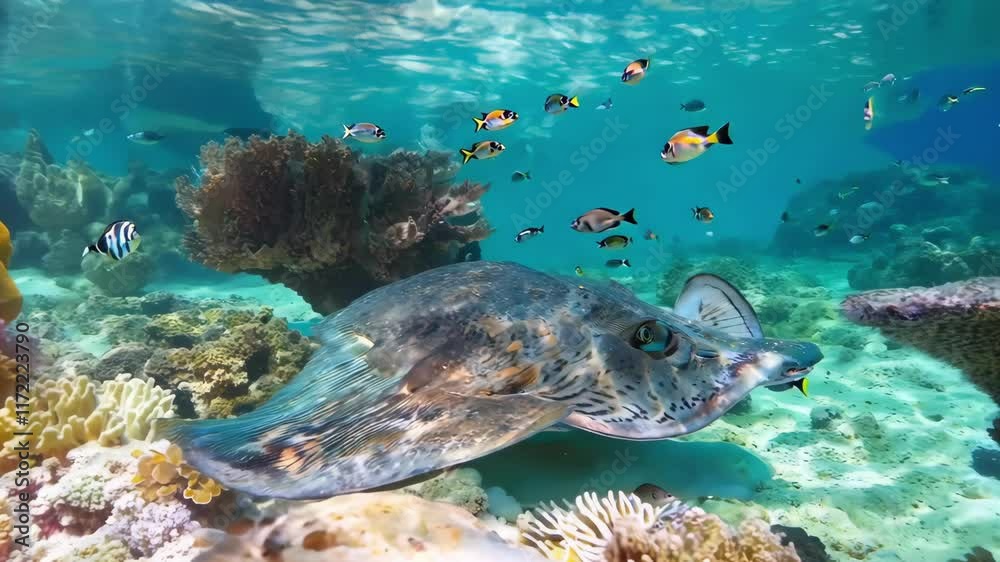 Majestic stingray gliding over vibrant coral reef in crystal clear waters AI
